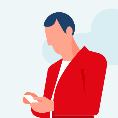 Illustration av en man i röd kavaj som tittar ner på sin mobiltelefon